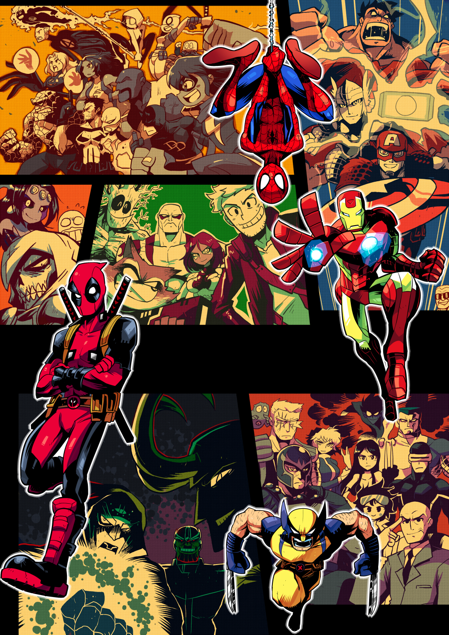 10s animification armor avengers_(series) bald ben_grimm black_sclera blush_stickers bob_(marvel) bob_agent_of_hydra body_hair bodysuit breasts cable_(marvel) captain_america charles_xavier claws cleavage clenched_hand clenched_teeth closed_eyes colored_sclera colossus_(x-men) cyclops_(x-men) daredevil deadpool deadpool_(series) doctor_doom domino_mask doop drax_the_destroyer earrings energy everyone evil_grin evil_smile facial_mark fantastic_four fire flying_sweatdrops formal_clothes frown gamora grin groot guardians_of_the_galaxy gun gwen_stacy gwenpool handgun helmet highres horns hulk iron_fist_(marvel) iron_man jennifer_walters jewelry johnny_storm jubilee kamala_khan katana laura_kinney lightning loki_(marvel) luke_cage magneto marvel marvel_cinematic_universe mask mjolnir_(marvel) ms._marvel necktie nightcrawler open_mouth outline peter_quill pistol pouch power_armor raccoon rariatto_(ganguri) red_eyes reed_richards rocket_raccoon rogue_(x-men) saliva she-hulk shield shiklah smile spider-girl spider-gwen spider-man spider-man_(series) stan_lee steve_rogers sue_storm suit superhero_costume sword taskmaster teeth thanos the_punisher_(character) the_punisher_(series) thor_(marvel) upside-down weapon wolverine_(x-men) x-23 x-men