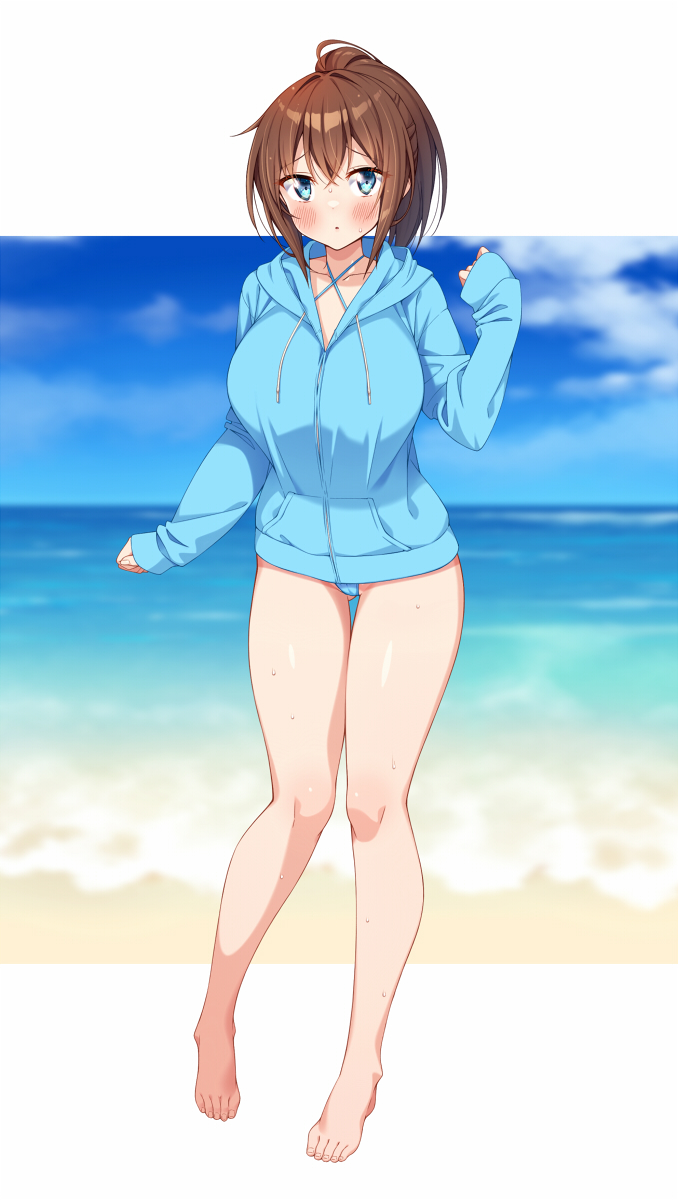 1girl :o amasawa_chigusa beach bikini blue_eyes blue_jacket blue_sky blush breasts brown_hair highres jacket kazuma_(kazumav) large_breasts long_sleeves looking_at_viewer ocean original outdoors ponytail sand sky solo swimsuit