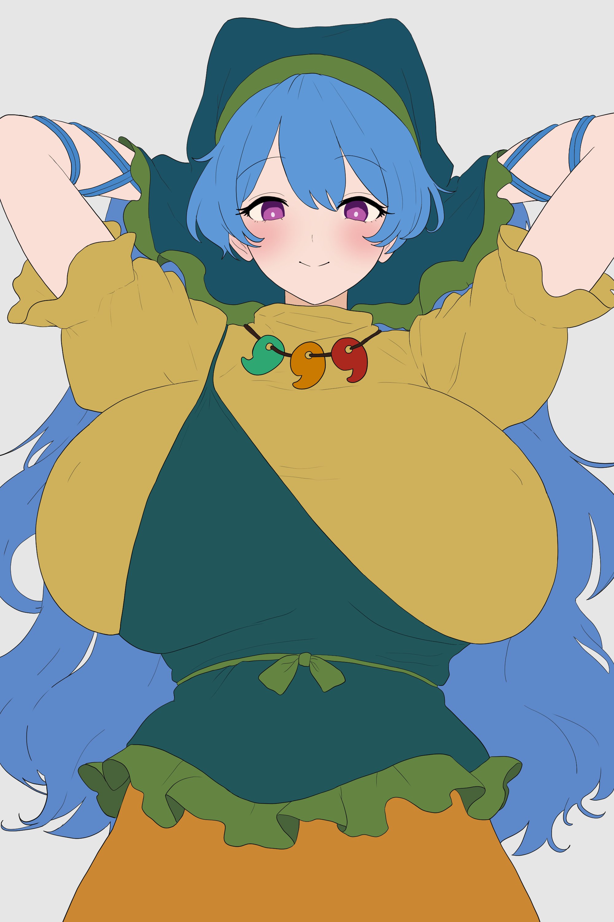 1girl absurdres apron arms_behind_head blue_hair blush breasts dress green_apron green_headscarf haniyasushin_keiki headscarf highres huge_breasts jewelry long_hair magatama moriforest1040 purple_eyes single_strap smile solo three_quarter_view touhou yellow_dress