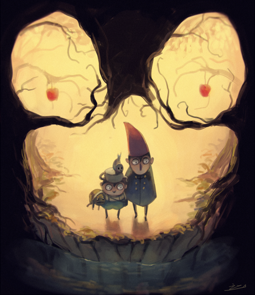 2boys apple beatrice_(over_the_garden_wall) bird brothers brown_hair cape food forest frog fruit gregory_(over_the_garden_wall) horror_(theme) koto_inari multiple_boys nature over_the_garden_wall overalls pointy_hat river siblings teapot when_you_see_it wirt_(over_the_garden_wall)
