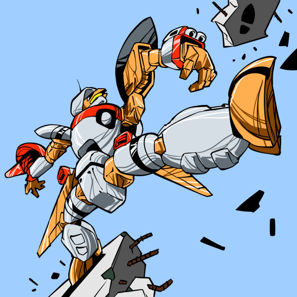 1980s_(style) aiming arm_cannon battle building choujikuu_seiki_orguss commentary_request debris destruction emaan fake_screenshot footprints glint gunpod kicking machinery mecha mecha_focus missile missile_pod no_humans oldschool orguss orguss_(mecha) radio_antenna retro_artstyle robot science_fiction shield sketch user_dnfy8445 weapon