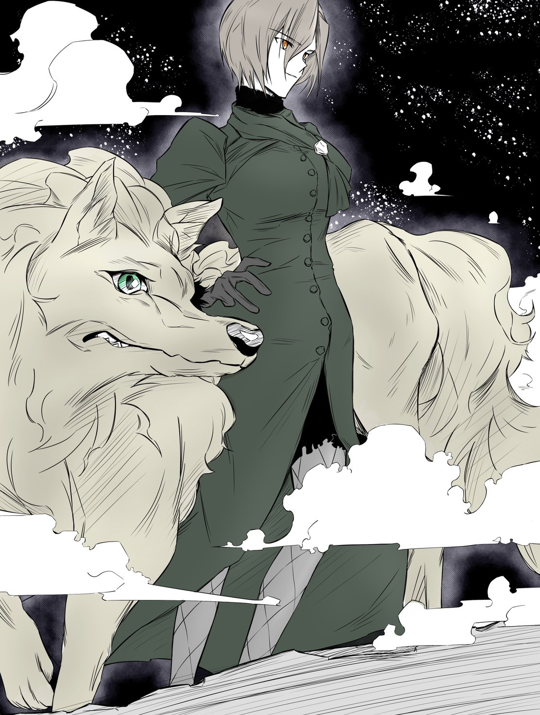 1girl aozaki_touko aozaki_touko_(mahou_tsukai_no_yoru) black_background dress fog gloves green_dress green_eyes grey_fur grey_gloves grey_hair highres lugh_beowulf lugh_beowulf_(wolf) mahou_tsukai_no_yoru nattsu_(user_fdkh3235) pantyhose werewolf wolf yellow_eyes