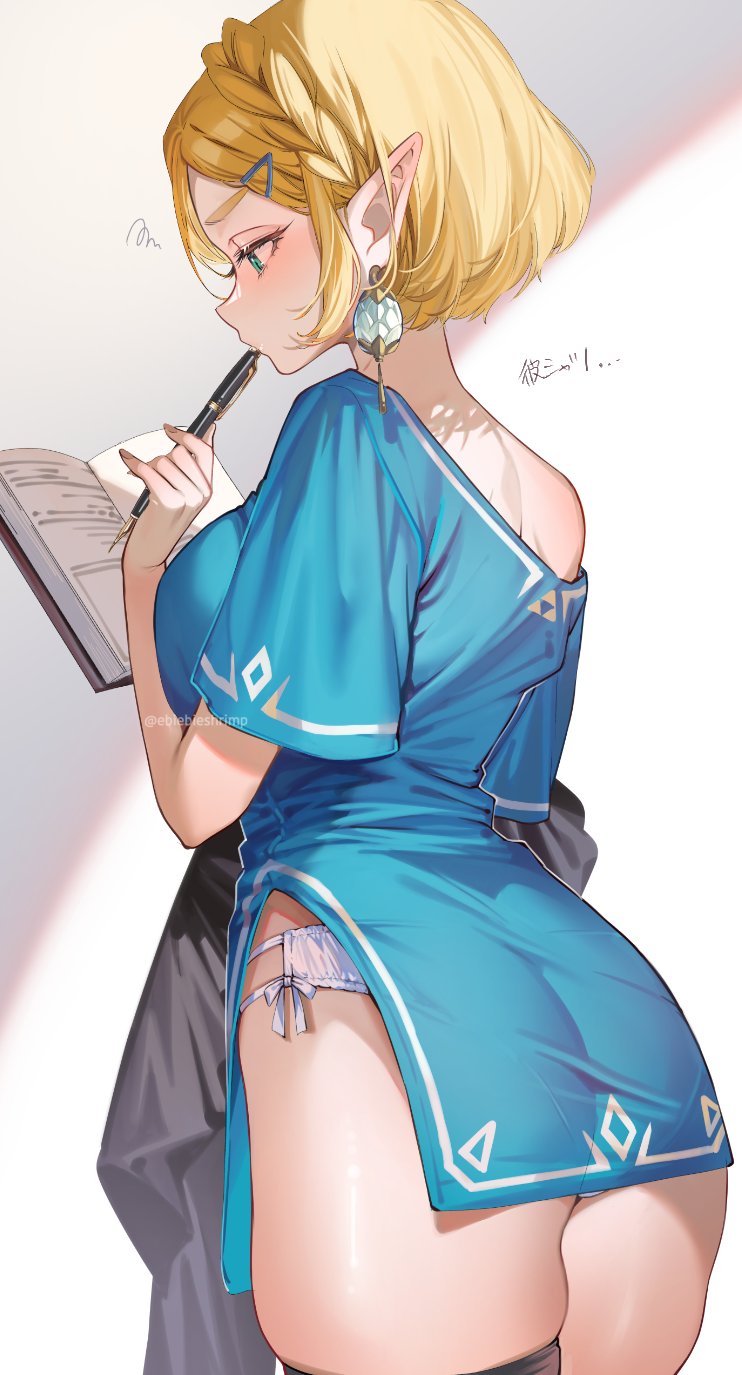 1girl alternate_costume ass black_thighhighs blonde_hair blue_eyes blue_shirt blush book braid breasts champion&#039;s_tunic_(zelda) closed_mouth commentary cowboy_shot crown_braid earrings eyelashes from_side hair_ornament hairclip highres holding holding_book holding_pen jewelry large_breasts looking_down nintendo open_book panties parted_bangs pen pen_to_mouth pointy_ears princess_zelda shirt short_hair shuri_(84k) side_slit single_bare_shoulder single_off_shoulder single_thighhigh skindentation solo squiggle standing the_legend_of_zelda the_legend_of_zelda:_tears_of_the_kingdom thighhighs thinking translated twitter_username underwear white_panties