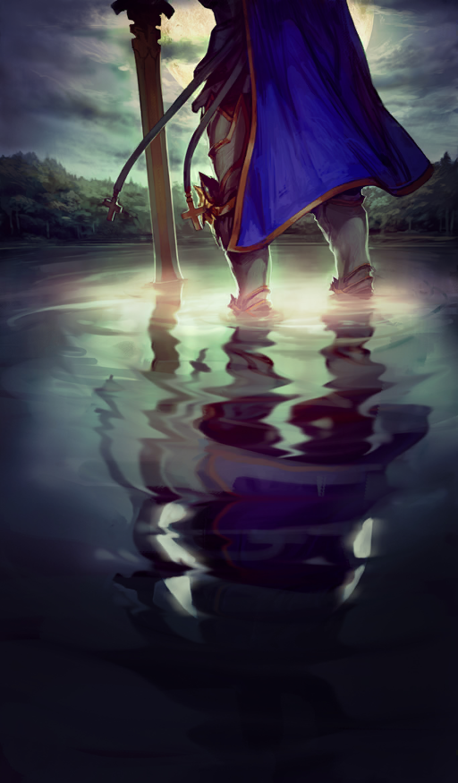 1boy armored_boots arondight_(fate) blue_cape boots cape cloud cloudy_sky commentary fate/grand_order fate_(series) full_moon lancelot_(fate/grand_order) lasengle lower_body male_focus moon moonlight night official_art outdoors partially_submerged planted planted_sword planted_weapon reflection reflective_water ripples sky sword third-party_source water weapon