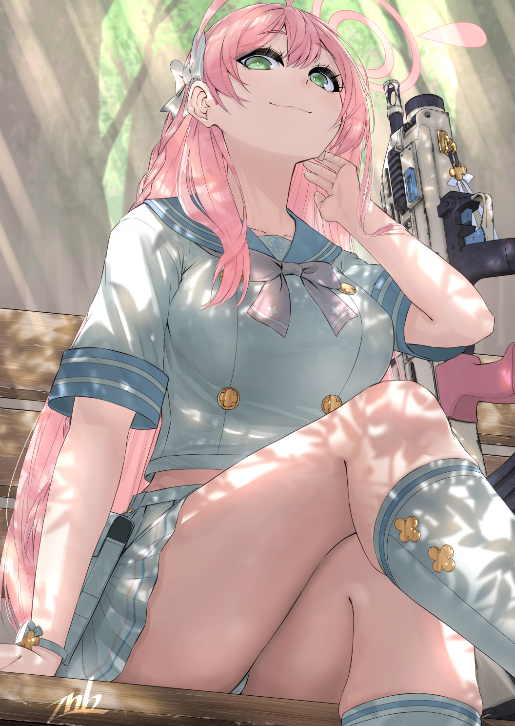 1girl :3 ahoge arm_at_side bench blue_archive blue_sailor_collar bow bowtie braid breasts bright_pupils buttons closed_mouth commentary crossed_legs dappled_sunlight day double-breasted eyelashes feet_out_of_frame foreshortening from_below green_eyes gun hair_bow halo hanako_(blue_archive) hand_up highres kneehighs large_breasts long_hair looking_at_viewer looking_down midriff miniskirt on_bench outdoors panties park park_bench pink_bow pink_bowtie pink_hair pink_halo pleated_skirt sailor_collar school_uniform serafuku shirt short_sleeves single_braid sitting skirt smile socks solo straight_hair sunlight thighs underwear very_long_hair watch weapon white_bow white_panties white_pupils white_serafuku white_shirt white_skirt white_socks wristwatch zombie_mogura