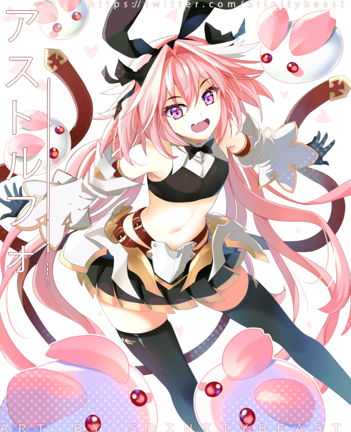 1boy animal_ears astolfo_(fate) astolfo_(saber)_(first_ascension)_(fate) black_bow black_bowtie black_gloves black_tank_top black_thighhighs bow bowtie character_name cropped_legs detached_sleeves fake_animal_ears fang fate/apocrypha fate/grand_order fate_(series) gloves gold_trim hair_between_eyes hair_bow hair_intakes long_hair male_focus multicolored_hair navel official_alternate_costume open_mouth pink_hair pink_petals purple_eyes rabbit_ears red_ribbon ribbon skin_fang smile solo srinitybeast streaked_hair tank_top thighhighs trap twintails twitter_username two-tone_hair very_long_hair white_hair wide_sleeves wing_collar