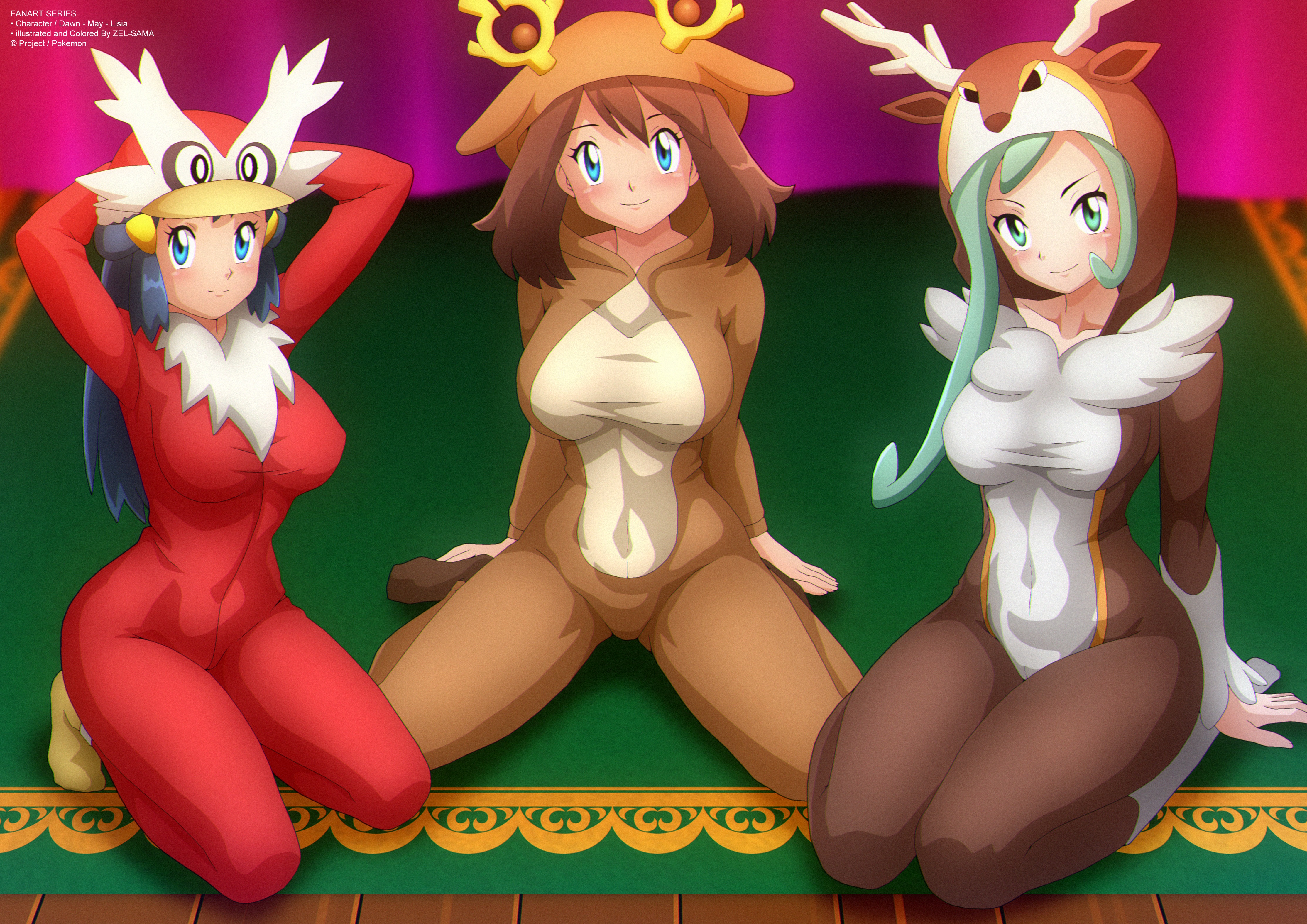 3girls absurdres animal_hood antlers arm_support arms_behind_head arms_up bird_hood blue_eyes blue_hair blush bodysuit breasts brown_bodysuit brown_hair brown_onesie brown_socks christmas collarbone cosplay curtains dawn_(pokemon) deer_hood delibird delibird_(cosplay) fur-trimmed_sleeves fur_trim gen_2_pokemon gen_5_pokemon green_eyes green_hair hair_ornament hairclip highres hood hood_up horns large_breasts lisia_(pokemon) long_hair looking_at_viewer may_(pokemon) multiple_girls nintendo onesie pajamas penguin_hood pokemon pokemon_dppt pokemon_oras pokemon_rse red_bodysuit red_onesie rug sawsbuck sawsbuck_(cosplay) sawsbuck_(winter) short_hair sitting smile socks stantler stantler_(cosplay) white_socks yellow_socks zel-sama