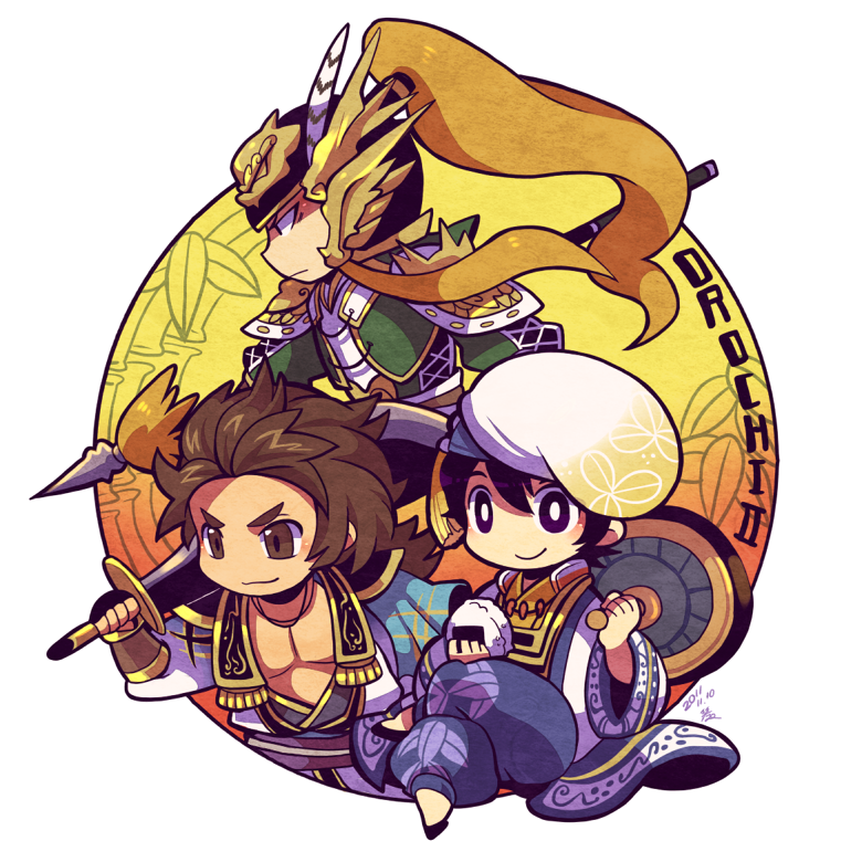armor bamboo bare_pectorals black_eyes black_hair blonde_hair blue_pants bright_pupils brown_hair chibi chibi_only chinese_armor closed_mouth crossed_legs dated food full_body hand_fan hat helm helmet holding holding_fan holding_polearm holding_sword holding_weapon kotorai long_hair ma_chao musou_orochi musou_orochi_2 onigiri pants pectorals polearm short_hair sidelocks signature sima_zhao smile sword takenaka_hanbee_(musou_orochi) very_long_hair weapon white_hat white_pupils wide_sleeves