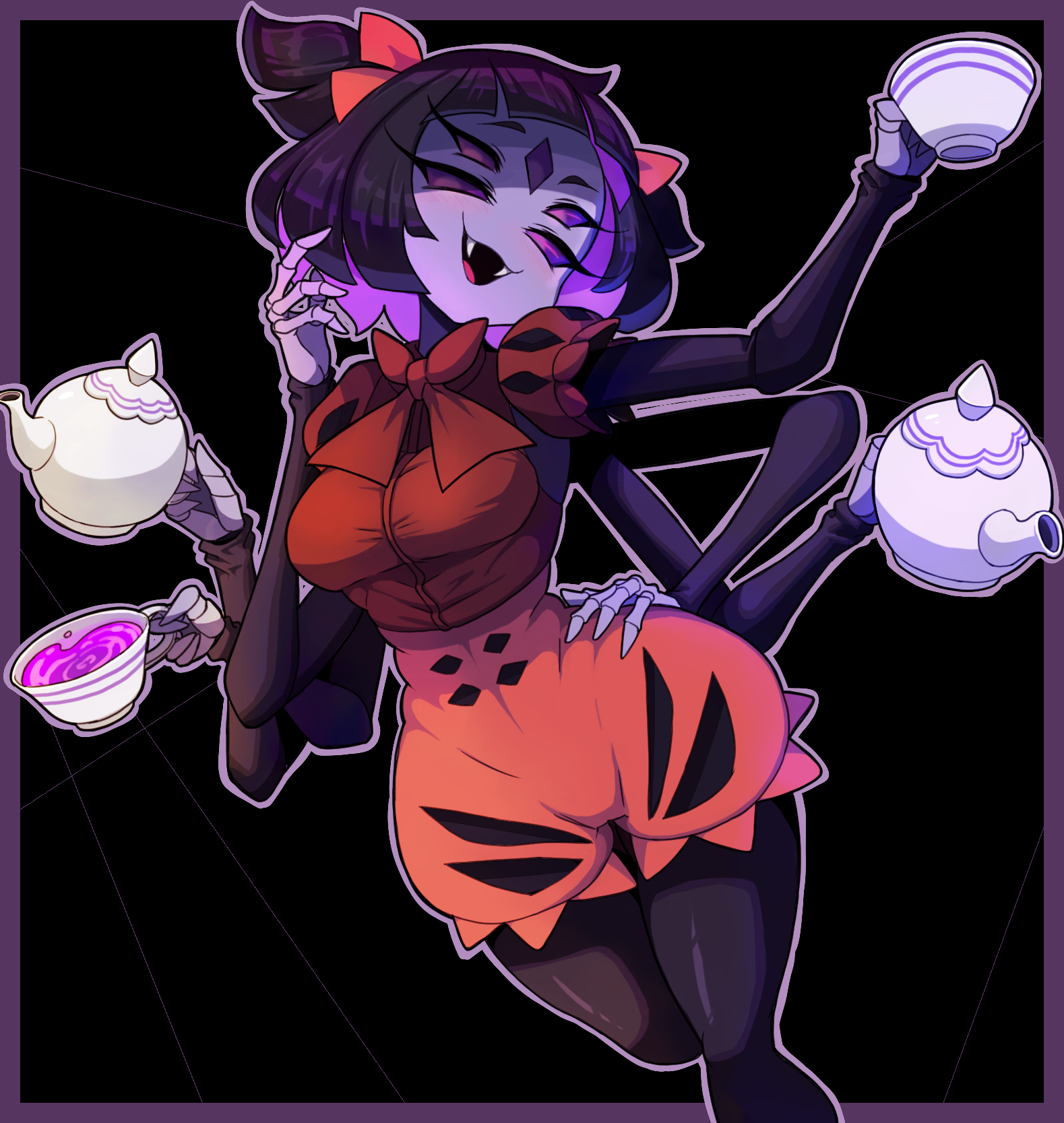 1girl black_background black_hair black_sleeves black_thighhighs border bow cup extra_arms extra_eyes fangs forehead_jewel highres holding holding_cup holding_teapot kamuruchii medium_hair muffet pants pink_liquid purple_border purple_eyes red_bow red_pants red_skirt red_sleeves silk simple_background skirt smile spider_web teacup teapot thighhighs undertale
