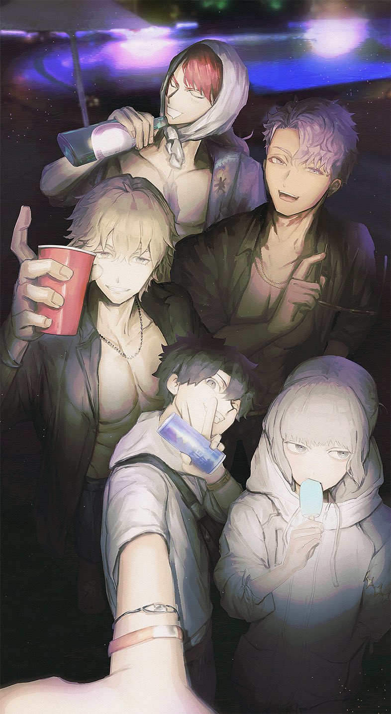 5boys :d beach blush bottle camera_flash dark drunk eating fate/grand_order fate_(series) food fujimaru_ritsuka_(male) fujimaru_ritsuka_(male)_(summer_street) gawain_(fate) gawain_(scion_of_summer)_(fate) half-closed_eyes happy highres holding holding_bottle lancelot_(fate/grand_order) lancelot_(strongest_knight_of_summer)_(fate) looking_at_viewer male_focus multiple_boys muscular muscular_male night oberon_(fate) official_alternate_costume open_clothes open_mouth open_shirt outstretched_arm pectoral_cleavage pectorals popsicle selfie short_hair sideways_glance smile tristan_(chicken_of_luluhawa)_(fate) tristan_(fate) unamused upper_body yorunue_ro