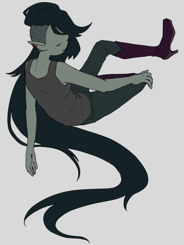 1girl adventure_time black_hair boots closed_eyes colored_skin commentary ear_piercing grey_skin high_heel_boots high_heels long_hair marceline_abadeer piercing raya_(uk_0128) simple_background solo tank_top vampire white_background