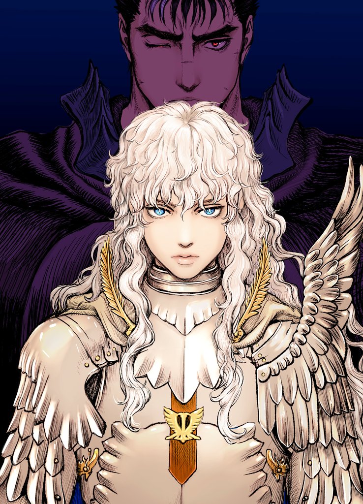 2boys androgynous armor berserk black_armor black_hair blue_eyes breastplate closed_mouth griffith_(berserk) guts_(berserk) long_hair looking_at_viewer male_focus multiple_boys nisino2222 ornate_armor pauldrons red_eyes scar scar_on_face scar_on_nose shoulder_armor thick_eyebrows wavy_hair white_hair