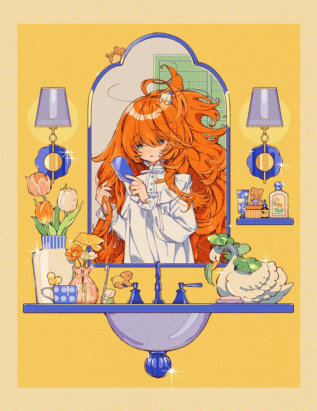1girl :< ahoge animal_hair_ornament bathroom brushing_hair collar colored_eyelashes cup curly_hair dot_nose eyes_visible_through_hair faucet flower flower_pot frilled_collar frilled_shirt frills green_eyes hair_between_eyes hair_brush halftone halftone_background highres holding holding_hair_brush indoors keishin lamp long_hair long_sleeves mug neck_ribbon orange_hair original ribbon shirt solo sparkle standing toothbrush tulip very_long_hair white_ribbon white_shirt yellow_background