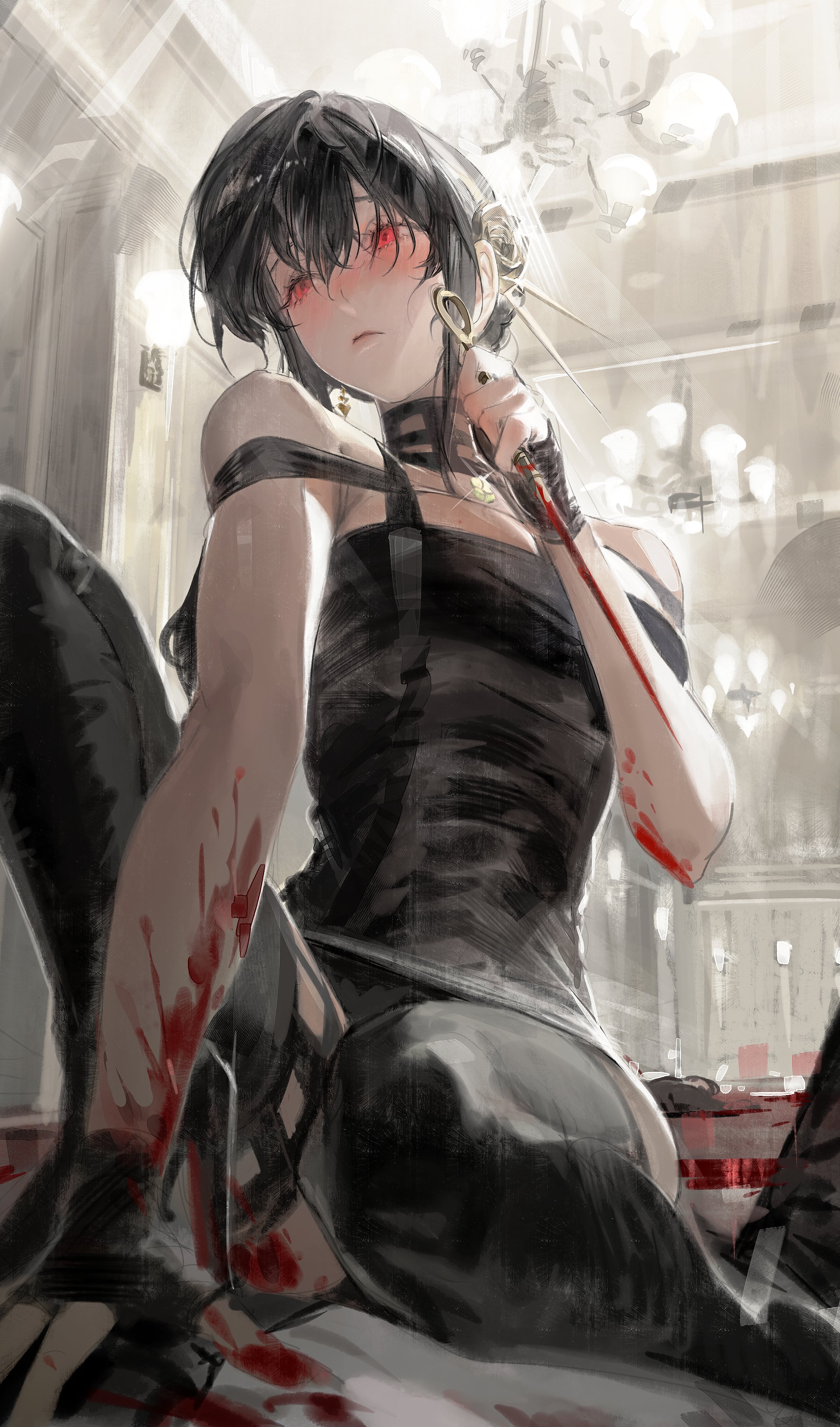 1girl 2others absurdres assassination bare_shoulders black_hair black_necktie blood blood_on_arm blood_on_clothes blood_on_hands bloody_weapon blush chandelier closed_mouth death dress earrings eyelashes fingerless_gloves glint gloves hair_between_eyes hairband hand_on_another's_chest highres holding holding_weapon indoors jewelry kurikabacha light_rays long_eyelashes long_hair lying multiple_others necktie on_back on_person painterly pink_lips pool_of_blood puddle red_eyes reverse_grip skindentation solo_focus spy_x_family weapon yor_briar