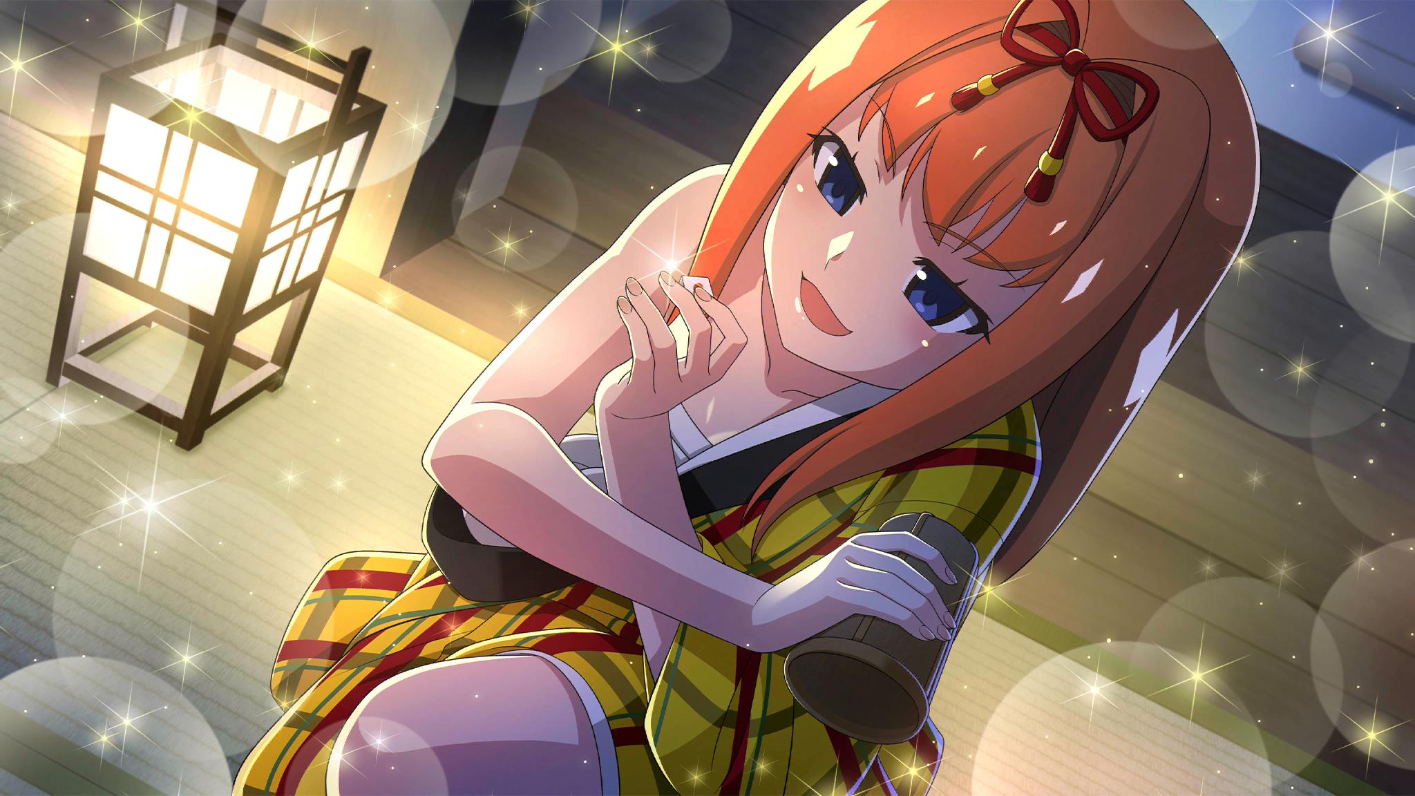 1girl blue_eyes chest_sarashi collarbone cowboy_shot cup dice dutch_angle from_above gambling game_cg hairband highres higurashi_no_naku_koro_ni higurashi_no_naku_koro_ni_mei holding holding_cup holding_dice houtani_nao indoors japanese_clothes kimono lens_flare light_particles long_hair looking_at_object non-web_source official_art on_one_knee open_mouth orange_hair plaid_clothes plaid_kimono sarashi single_off_shoulder smile solo sparkle tatami wooden_floor yellow_kimono