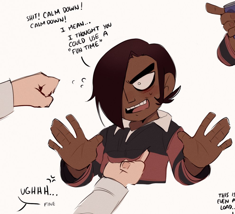 2boys anger_vein angry black_eyeliner blush brown_hair clenched_hand clothes_grab collared_shirt commentary cropped_torso dark-skinned_male dark_skin english_commentary existenc3 eyeliner flying_sweatdrops furrowed_brow gideon_graves grabbing_another&#039;s_shirt gripping_clothes hair_over_one_eye hands_up jacket makeup male_focus matthew_patel multiple_boys nervous nervous_sweating open_mouth scott_pilgrim_(series) scott_pilgrim_takes_off shirt shirt_grab short_hair smile speech_bubble striped_clothes striped_shirt sweat sweatdrop teeth upper_teeth_only white_background white_jacket