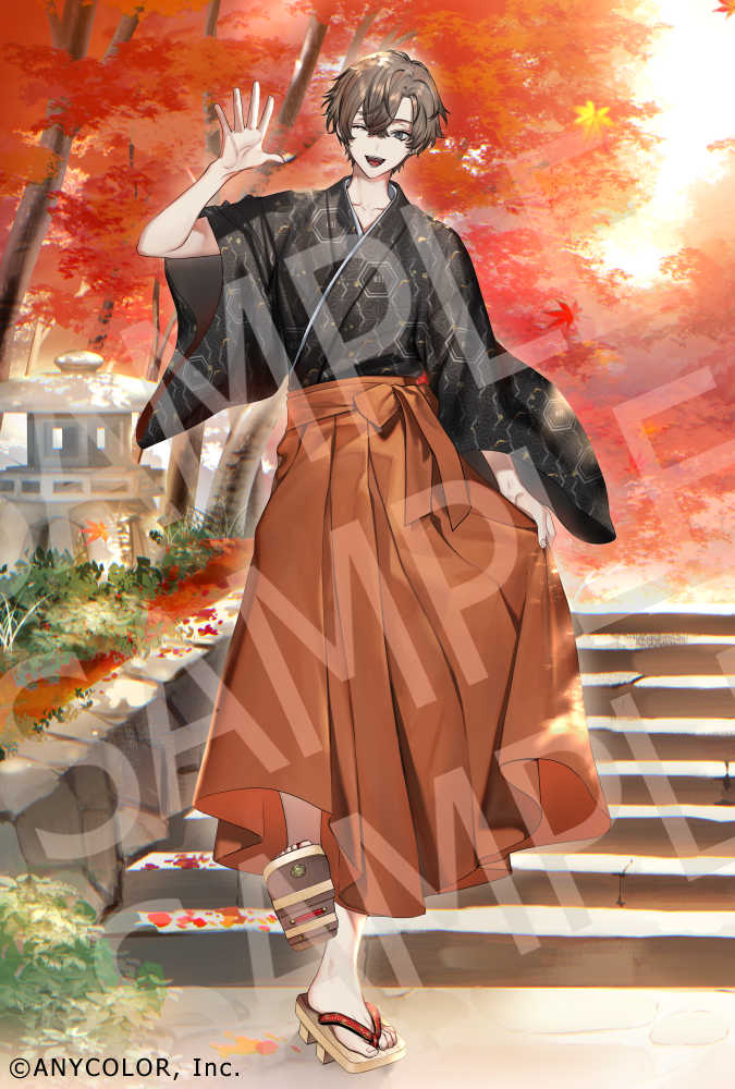 1boy ;d alban_knox autumn_leaves black_kimono brown_hair copyright_notice crossed_bangs falling_leaves full_body geta grey_eyes hair_between_eyes hakama hakama_hold hand_up ishizue_kachiru japanese_clothes kikkoumon kimono leaf long_sleeves looking_at_viewer male_focus maple_leaf maple_tree nijisanji nijisanji_en official_art one_eye_closed open_hand open_mouth orange_hakama outdoors plant sample_watermark short_hair smile solo stairs standing standing_on_one_leg stone_lantern straight-on tree virtual_youtuber watermark waving