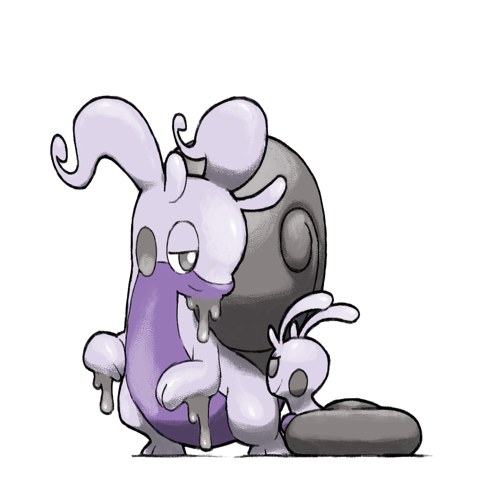 animal_focus blacknirrow creatures_(company) dripping game_freak grey_eyes half-closed_eyes hisuian_goodra hisuian_sliggoo looking_at_another nintendo no_humans pokemon pokemon_(creature) pokemon_focus shell simple_background slime_(substance) standing white_background