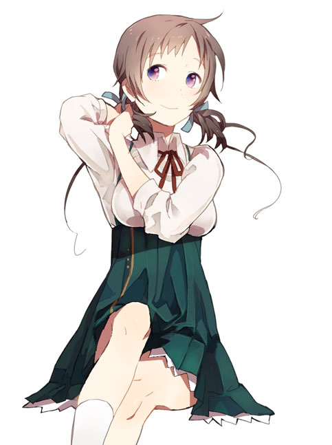 10s 1girl adjusting_hair aomi_isara brown_hair female_focus itachi_(weasel0) koi_to_senkyo_to_chocolate long_hair pink_eyes school_uniform simple_background sitting sleeves_pushed_up solo twintails