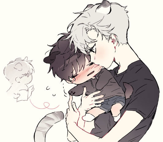 2boys animal_ears black_eyes black_shirt brown_hair chibi closed_eyes dog_boy dog_ears dog_tail doodle_inset grey_hair hug hug_from_behind ilay_riegrow jeong_taeui jinsimpunch motion_lines multiple_boys parted_lips passion_(manhwa) shirt short_hair short_sleeves simple_background snow_leopard_boy snow_leopard_ears snow_leopard_tail tail tears upper_body white_background