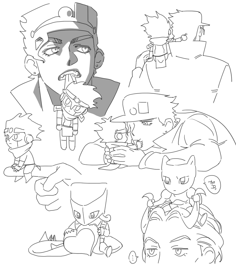 chibi chibi_on_head chibi_on_shoulder diamond_wa_kudakenai dio_brando hat heart_headband jojo_no_kimyou_na_bouken killer_queen kira_yoshikage kuujou_joutarou mini_person miniboy monochrome morikiri mouth_hold on_head sketch stand_(jojo) star_platinum stardust_crusaders the_world