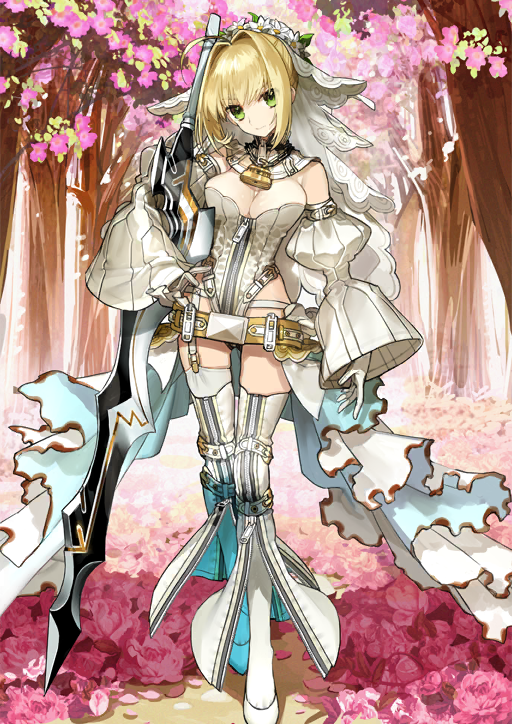 1girl aestus_estus ahoge arm_at_side blonde_hair breasts chain cleavage closed_mouth collar detached_sleeves fate/grand_order fate_(series) flower flower_wreath full-length_zipper full_body gloves gold_belt green_eyes hair_between_eyes hair_flower hair_intakes hair_ornament hand_on_own_hip head_tilt head_wreath juliet_sleeves leotard lock long_sleeves nero_claudius_(bride)_(fate) nero_claudius_(bride)_(second_ascension)_(fate) nero_claudius_(fate) official_art padlock padlocked_collar partially_unzipped puffy_sleeves shoes short_hair showgirl_skirt sidelocks skirt smile solo standing strapless strapless_leotard sword thigh_gap thighhighs third-party_source tree variant_set veil wada_arco weapon white_collar white_flower white_gloves white_leotard white_shoes white_skirt white_sleeves white_thighhighs white_veil wide_sleeves zipper zipper_pull_tab