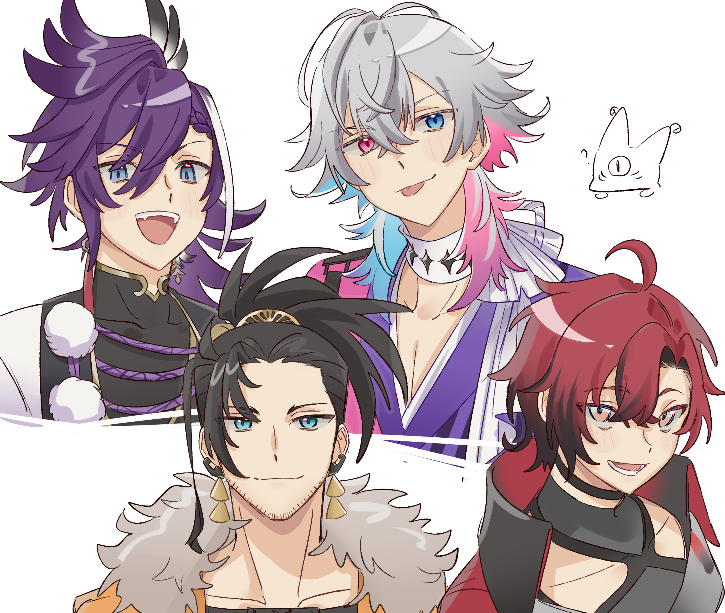 4boys banzoin_hakka banzoin_hakka_(1st_costume) black_hair blue_eyes blue_hair choker coat collarbone commentary creature diamond_choker earrings facial_hair gavis_bettel gavis_bettel_(1st_costume) grey_hair hair_between_eyes heterochromia highres holostars holostars_english holotempus jewelry josuiji_shinri keke_qiu long_hair looking_at_viewer machina_x_flayon machina_x_flayon_(1st_costume) male_focus medium_hair multicolored_coat multicolored_hair multiple_boys open_mouth pectoral_cleavage pectorals phantom_(gavis_bettel) pink_eyes pink_hair ponytail portrait purple_hair red_hair scarf shirt short_hair side_part smile striped_coat stubble tassel tassel_earrings tongue tongue_out vertical-striped_coat virtual_youtuber white_background white_scarf