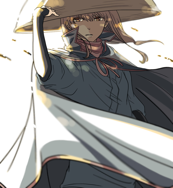 1girl adjusting_clothes adjusting_headwear arm_warmers bad_id bad_pixiv_id blonde_hair brown_eyes cape female_focus gintama hat long_hair looking_at_viewer mutsu_(gintama) sandogasa simple_background solo standing