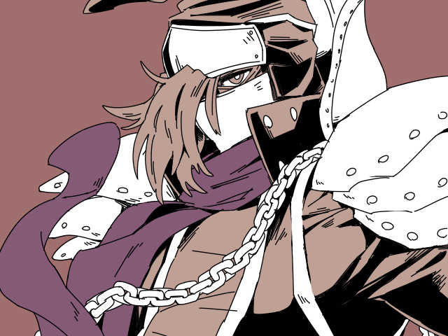 1boy brown_background brown_eyes brown_hair brown_hat brown_robe chain chain_around_neck facing_to_the_side gagaga_magician hair_over_one_eye hat orange7sky popped_collar purple_scarf robe scarf shoulder_pads wizard_hat yu-gi-oh! yu-gi-oh!_zexal