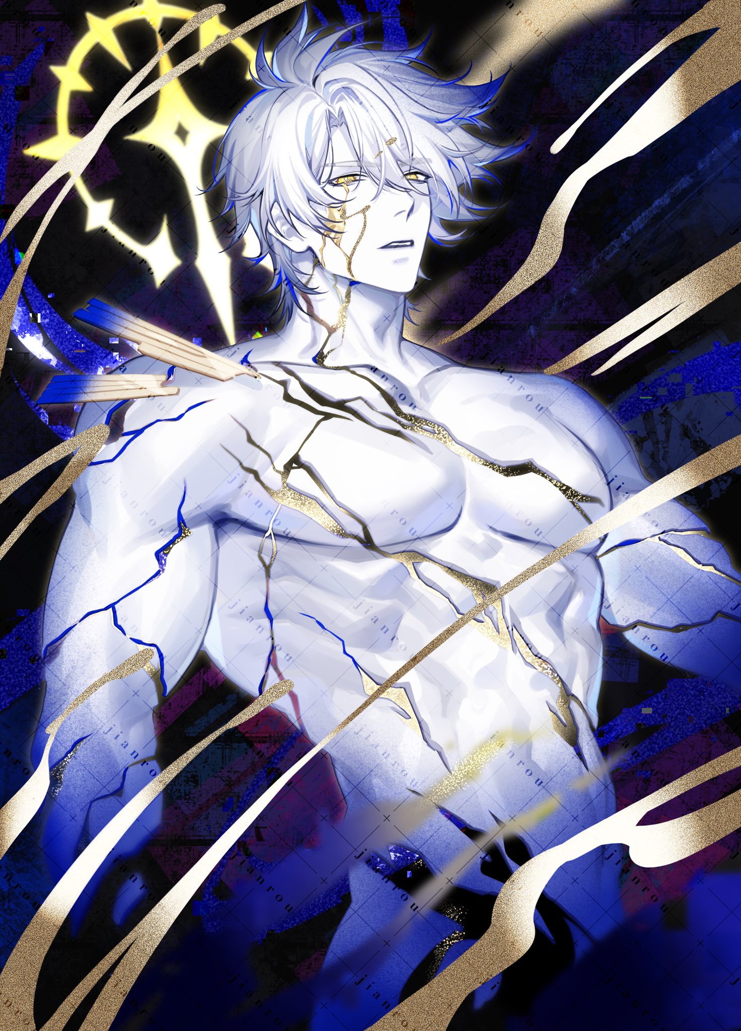 1boy antenna_hair blood bloody_tears cracked_skin hair_between_eyes halo halo_behind_head hashtag-only_commentary highres honkai:_star_rail honkai_(series) looking_at_viewer male_focus material_growth parted_bangs parted_lips phainon_(honkai:_star_rail) rourouki short_hair solo topless_male white_hair yellow_blood yellow_eyes yellow_halo