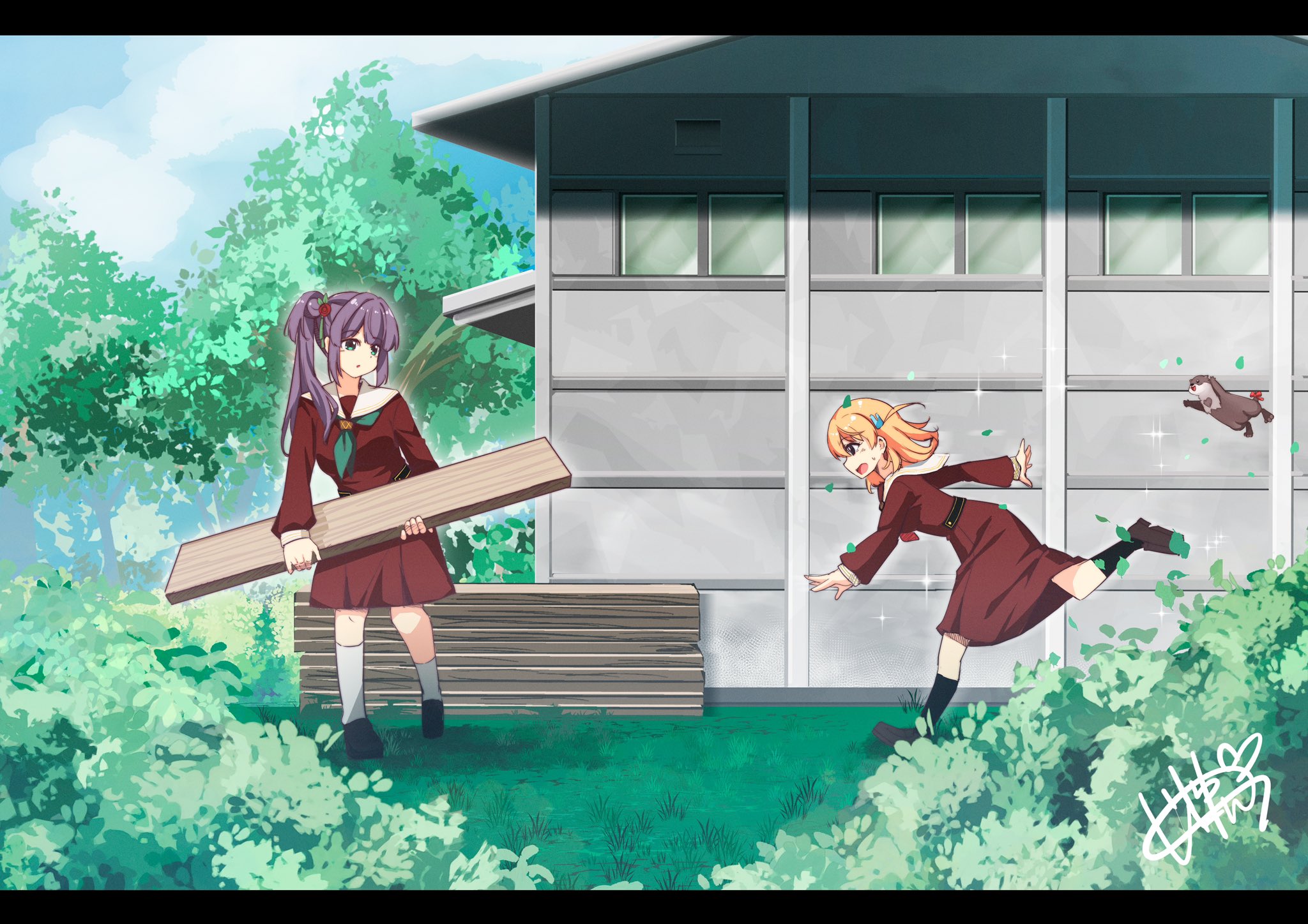 2girls animal aqua_eyes aqua_neckerchief black_socks breasts brown_dress brown_shoes cerise_bouquet commentary_request crossed_bangs dress fleeing flower green_eyes hair_bun hair_flower hair_ornament hasu_no_sora_school_uniform heart highres hinoshita_kaho holding letterboxed link!_like!_love_live! loafers long_hair long_sleeves looking_at_another love_live! matsurugi_tsukasa medium_breasts medium_dress medium_hair multiple_girls neckerchief orange_hair otomune_kozue otter otter_(hasu_no_sora) outdoors parted_lips plank pleated_dress purple_hair rabbit_hair_ornament red_flower red_neckerchief red_ribbon ribbon running sailor_collar sailor_dress school_uniform shoes side_ponytail sidelocks signature single_side_bun socks tail tail_ornament tail_ribbon tassel tassel_hair_ornament tree two_side_up virtual_youtuber walking white_sailor_collar winter_uniform