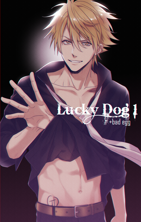 1boy backlighting belt black_shirt blonde_hair clothes_lift collared_shirt commentary_request giancarlo_bourbon_del_monte gradient_background grey_necktie lifting_own_clothes looking_at_viewer loose_necktie lucky_dog_1 male_focus mashima_shima midriff navel necktie parted_lips shirt shirt_lift short_hair smile solo toned upper_body yellow_eyes