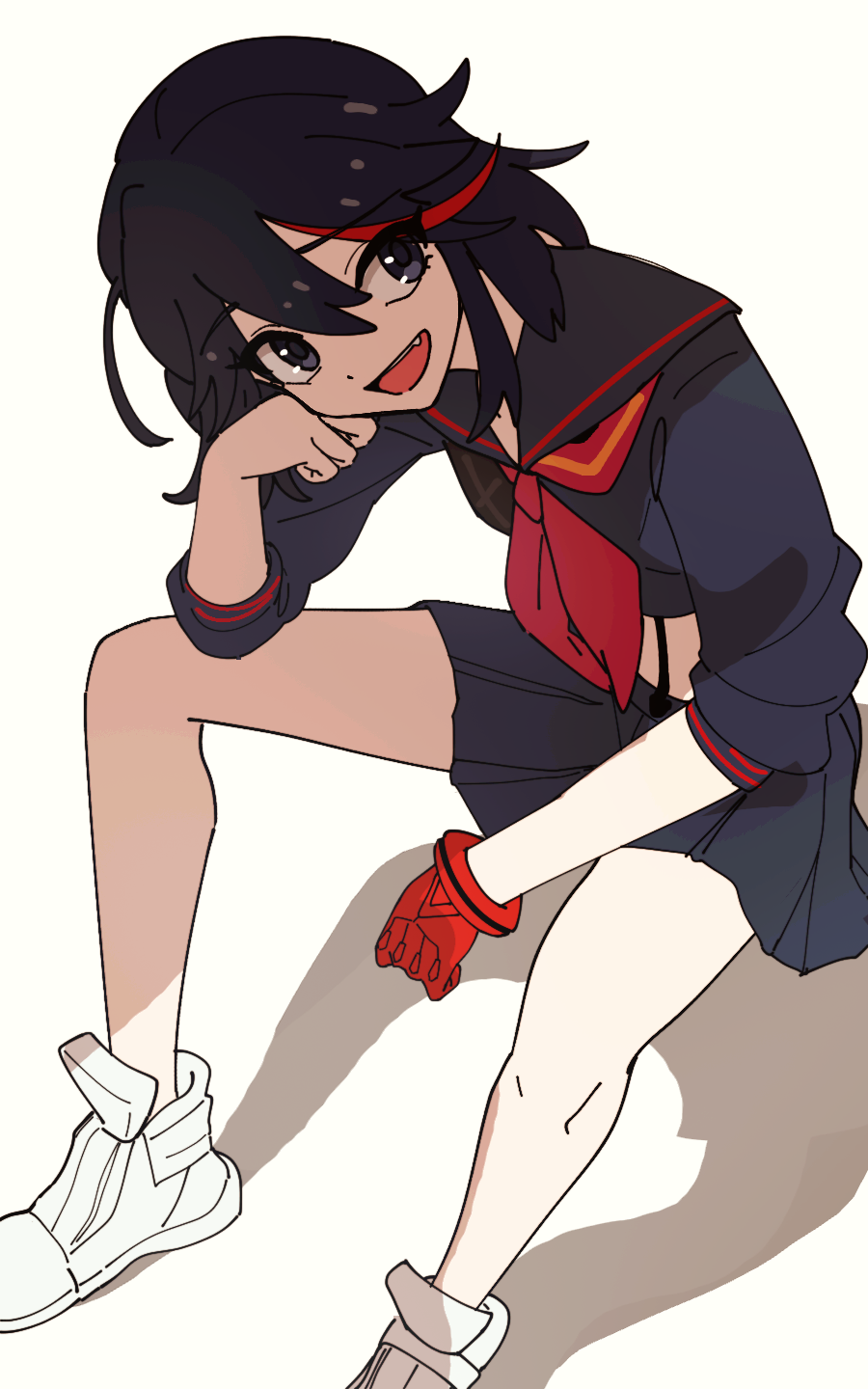 1girl :d black_eyes black_hair black_sailor_collar black_serafuku black_shirt black_skirt fang gloves head_rest highres kill_la_kill matoi_ryuuko medium_hair midriff miniskirt multicolored_hair neckerchief nzeneee open_mouth pleated_skirt red_gloves red_neckerchief sailor_collar sailor_shirt school_uniform senketsu serafuku shirt shoes simple_background single_glove sitting skirt smile solo stomach straight_hair streaked_hair suspender_skirt suspenders white_background white_shoes