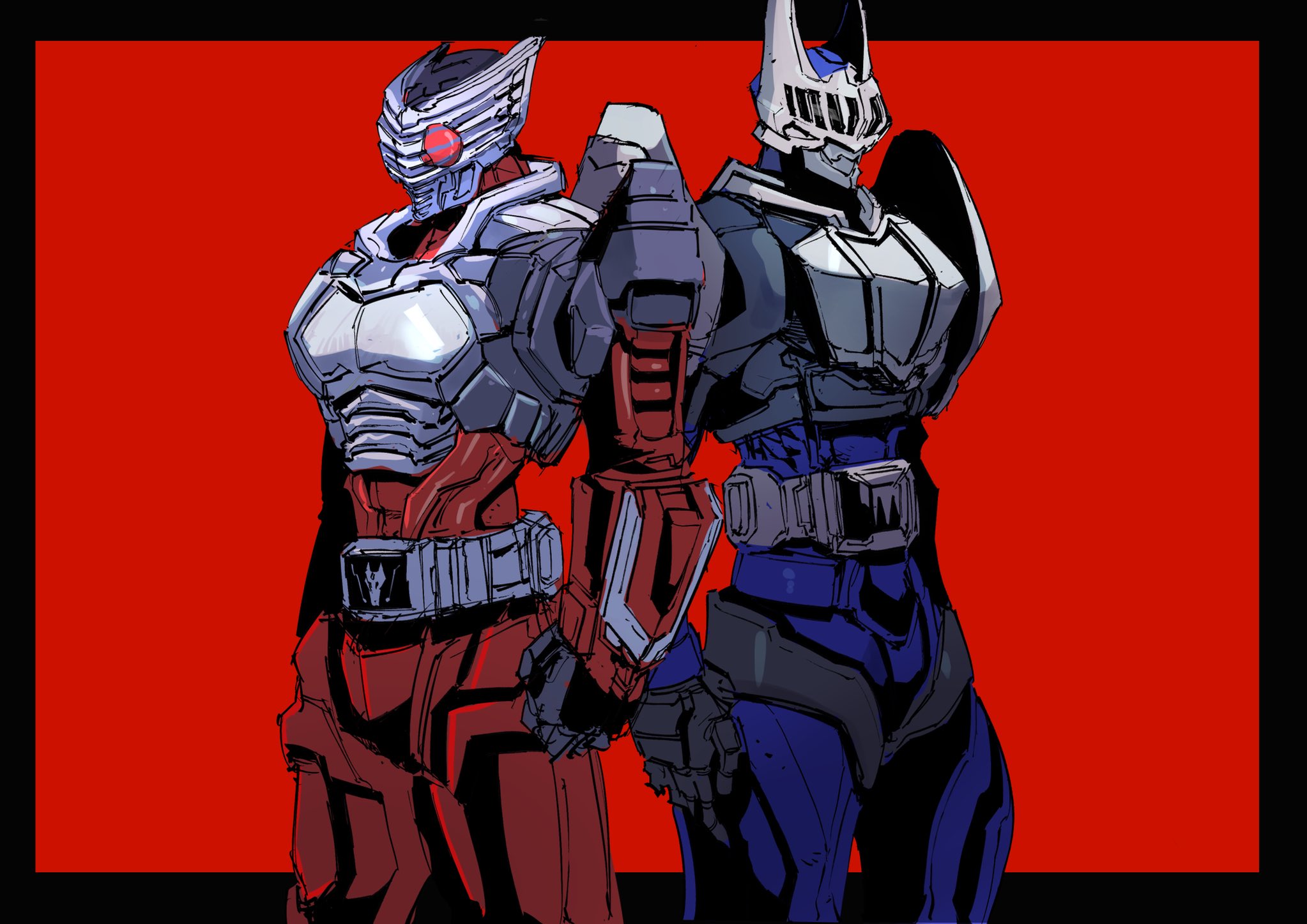 2boys advent_deck anniversary armor bat_(animal) bat_wings belt black_armor clenched_hand compound_eyes dragon eastern_dragon full_body heisei highres ichitaka_(1015ichitaka) kamen_rider kamen_rider_knight kamen_rider_ryuki kamen_rider_ryuki_(series) knight male_focus mecha_pilot_suit multiple_boys plugsuit_(evangelion) red_eyes tokusatsu v_buckle weapon wings