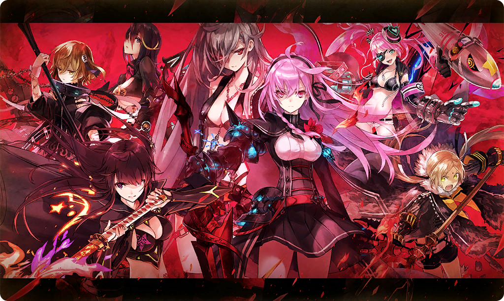 6+girls :d ahoge artemis_(phantom_of_the_kill) bikini bikini_top_only bindi black_bikini black_hair black_skirt braid breasts brown_eyes brown_hair cleavage closed_mouth commentary cowboy_shot da-kuro eyepatch flaming_sword flaming_weapon floating_hair freikugel gauntlets grey_hair holding holding_polearm holding_sword holding_weapon jewelry katana laevateinn_(phantom_of_the_kill) long_hair long_sleeves longinus_(phantom_of_the_kill) looking_at_viewer low_twintails masamune_(phantom_of_the_kill) miniskirt multiple_girls necklace official_alternate_costume official_art open_mouth outstretched_arm parashu parted_bangs phantom_of_the_kill pink_eyes pink_hair pleated_skirt polearm red_background red_eyes rinzo single_gauntlet skirt smile spear swimsuit sword ta_ga_tame_no_alchemist third-party_source to_maru twintails two-handed tyrfing_(phantom_of_the_kill) upper_body watarubou weapon