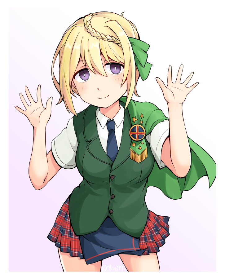 1girl badge blonde_hair blue_necktie blue_skirt braid braided_bangs braided_bun breasts cloak cowboy_shot dress_shirt green_cloak green_vest hair_bun kantai_collection medium_breasts miniskirt necktie okitarou_(okiyo) perth_(kancolle) plaid_clothes plaid_skirt pleated_skirt school_uniform shirt short_sleeves skirt solo vest white_shirt