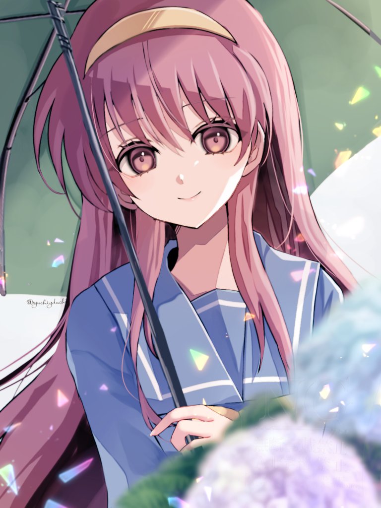 1girl blue_sailor_collar blue_skirt blurry blurry_foreground bow closed_mouth flower fujisaki_shiori glass_shards green_umbrella hair_between_eyes hairband holding holding_umbrella hydrangea kirameki_high_school_uniform long_hair long_sleeves looking_at_viewer red_eyes red_hair sailor_collar school_uniform serafuku signature simple_background skirt smile solo tokimeki_memorial tokimeki_memorial_1 umbrella white_background yellow_bow yellow_hairband yuzuchi_(yuchiyduchi)