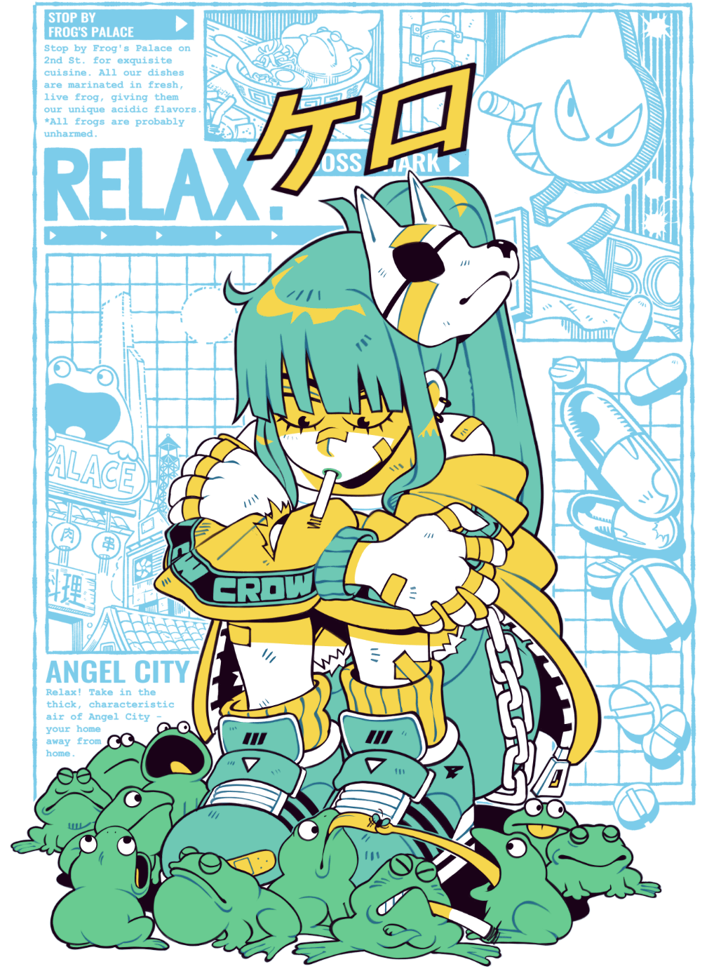 1girl bowl cigarette closed_eyes crow_(eyepatch_wolves) drugs eyepatch_wolves food frog highres limited_palette long_hair mask mask_on_head mixed-language_text noodles official_art pill ponytail ramen shoes sneakers socks speedoru