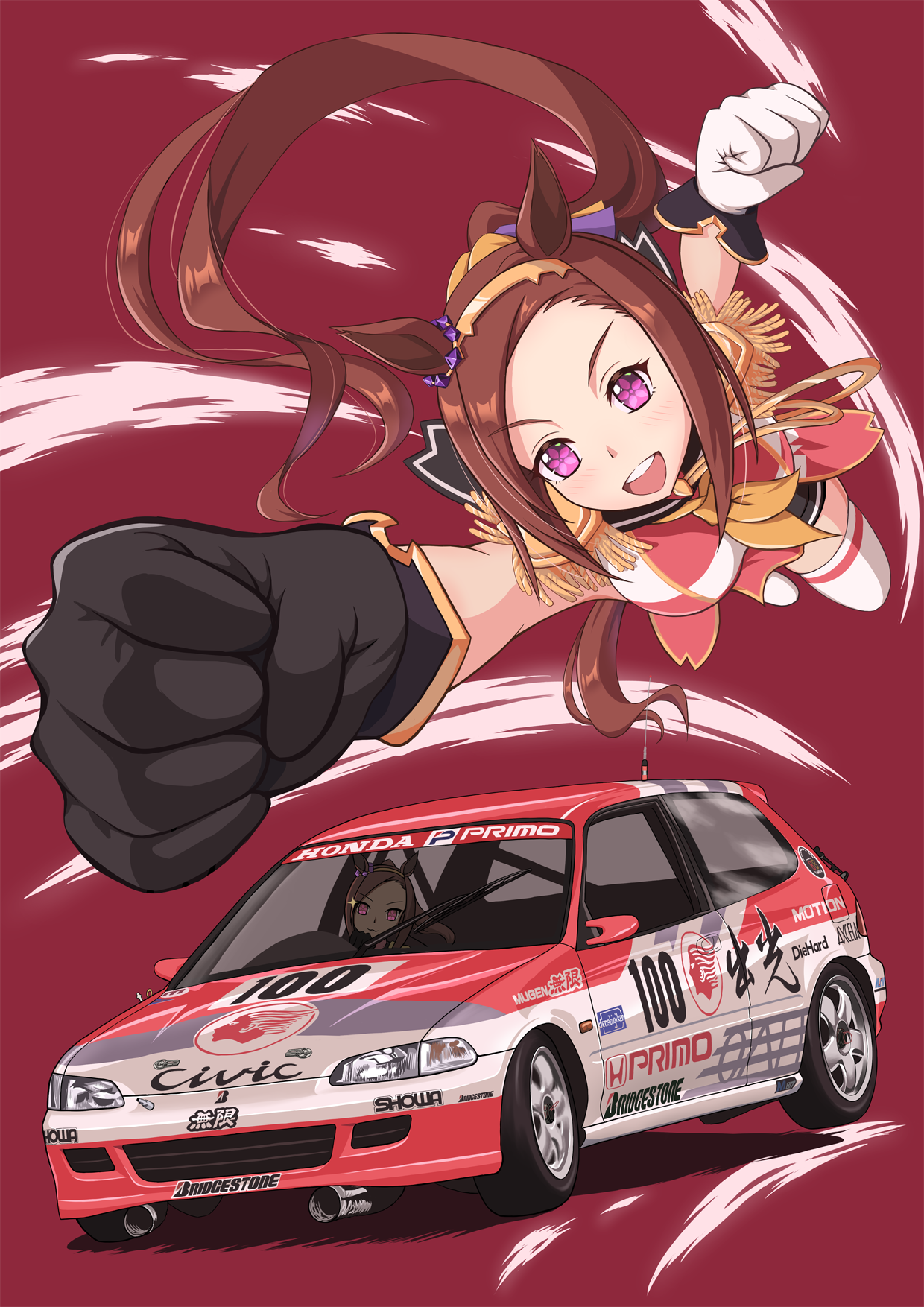 1girl :d animal_ears asymmetrical_gloves black_gloves bridgestone brown_hair car driving epaulettes flower_in_eye gloves gold_hairband hairband highres honda honda_civic horse_ears horse_girl horse_tail idemitsu_(gas_station) japanese_touring_car_championship long_hair looking_at_viewer mismatched_gloves motor_vehicle multiple_views neckerchief open_mouth ponytail purple_eyes red_background sakura_bakushin_o_(umamusume) simple_background smile symbol_in_eye tail thighhighs tomozo8674 umamusume vehicle_focus vehicle_name white_gloves white_thighhighs yellow_neckerchief