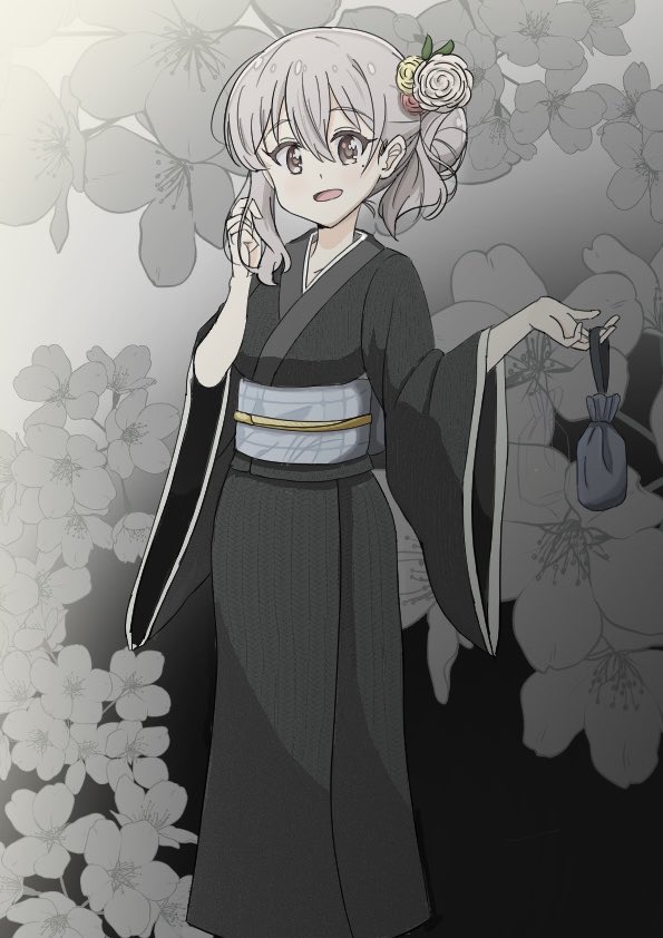 1girl alternate_hairstyle dot_nose feet_out_of_frame female_focus grey_eyes grey_hair hair_between_eyes holding japanese_clothes kimono koisuru_asteroid long_sleeves looking_at_viewer mole mole_under_eye morino_mari open_mouth qb_(qb46311027) solo standing