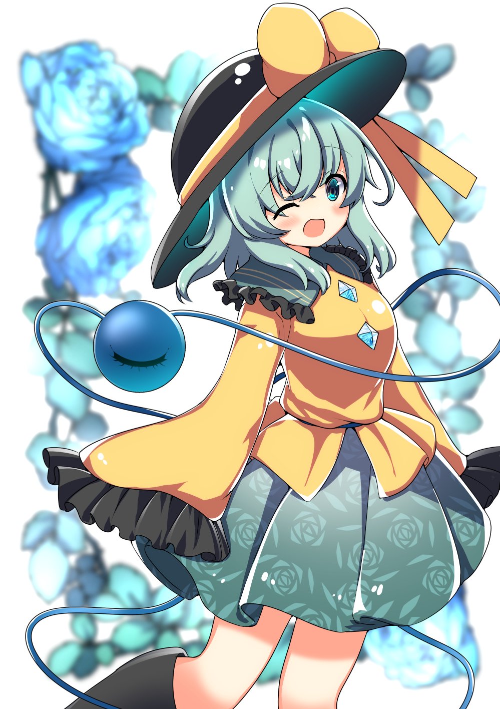 1girl ;d black_footwear black_hat blouse blue_flower blue_rose blurry blurry_background bow floral_print flower green_eyes green_hair green_skirt hat hat_bow heart heart_of_string highres koishi_day komeiji_koishi long_sleeves one_eye_closed open_mouth rapameri rose rose_print shirt short_hair simple_background skirt smile solo standing third_eye touhou white_background wide_sleeves yellow_bow yellow_shirt