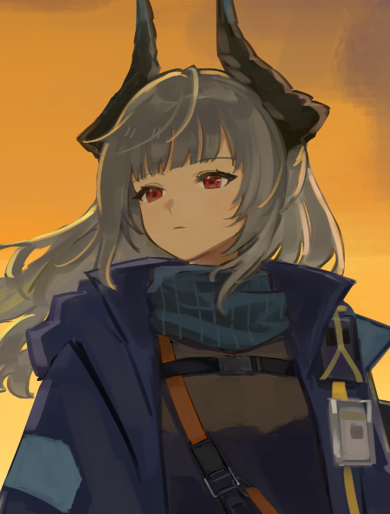 1girl arknights black_horns black_shirt blunt_bangs closed_mouth commentary dragon_girl dragon_horns grey_hair horns jacket k-yosinori liskarm_(arknights) long_hair looking_to_the_side open_clothes open_jacket purple_jacket red_eyes shirt solo strap upper_body wind