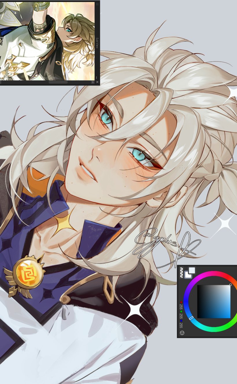 1boy albedo_(genshin_impact) aqua_eyes art_program_in_frame artist_name blonde_hair blue_shirt blush braid coat collarbone color_wheel commentary english_commentary eyelashes freckles genshin_impact ggelus grey_background hair_between_eyes half_up_half_down_braid half_updo highres hood hood_down hooded_coat male_focus medium_hair open_clothes open_coat parted_bangs parted_lips scar scar_on_neck shirt signature solo sparkle twitter_username upper_body vision_(genshin_impact) white_coat