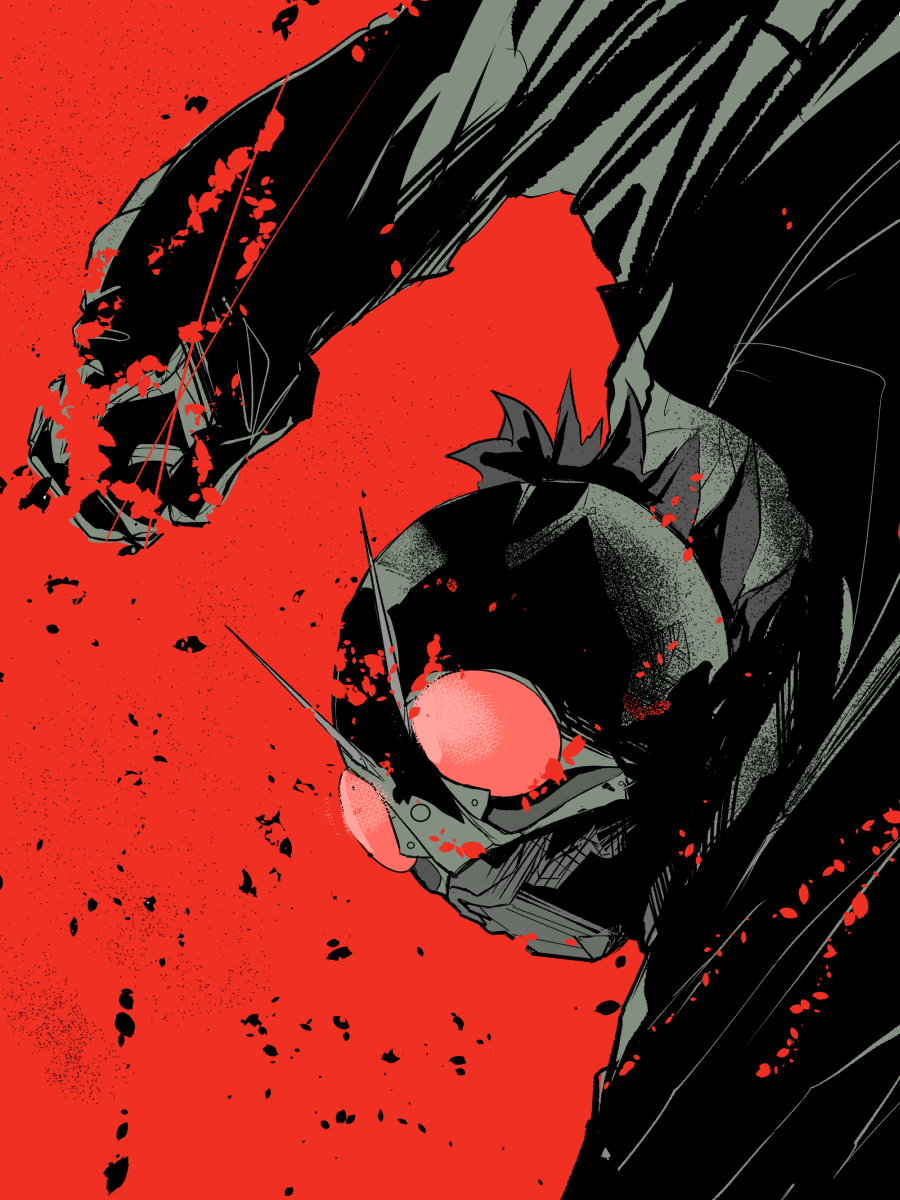 1boy armor black_hair blood blood_splatter compound_eyes glowing glowing_eyes green_armor green_helmet helmet highres kamen_rider kamen_rider_1 kamen_rider_1_(shin) limited_palette male_focus misuta-cyaperu punching red_eyes shin_kamen_rider short_hair solo tokusatsu