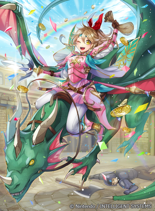1girl ;d armor armored_boots axe boots braid brown_hair coin company_name day dragon emma_(fire_emblem) faceless faceless_male fire_emblem fire_emblem_cipher fire_emblem_echoes:_shadows_of_valentia gloves headband helmet long_hair matsurika_youko nintendo official_art one_eye_closed open_mouth polearm ponytail rainbow riding sky smile sparkle spear weapon yellow_eyes