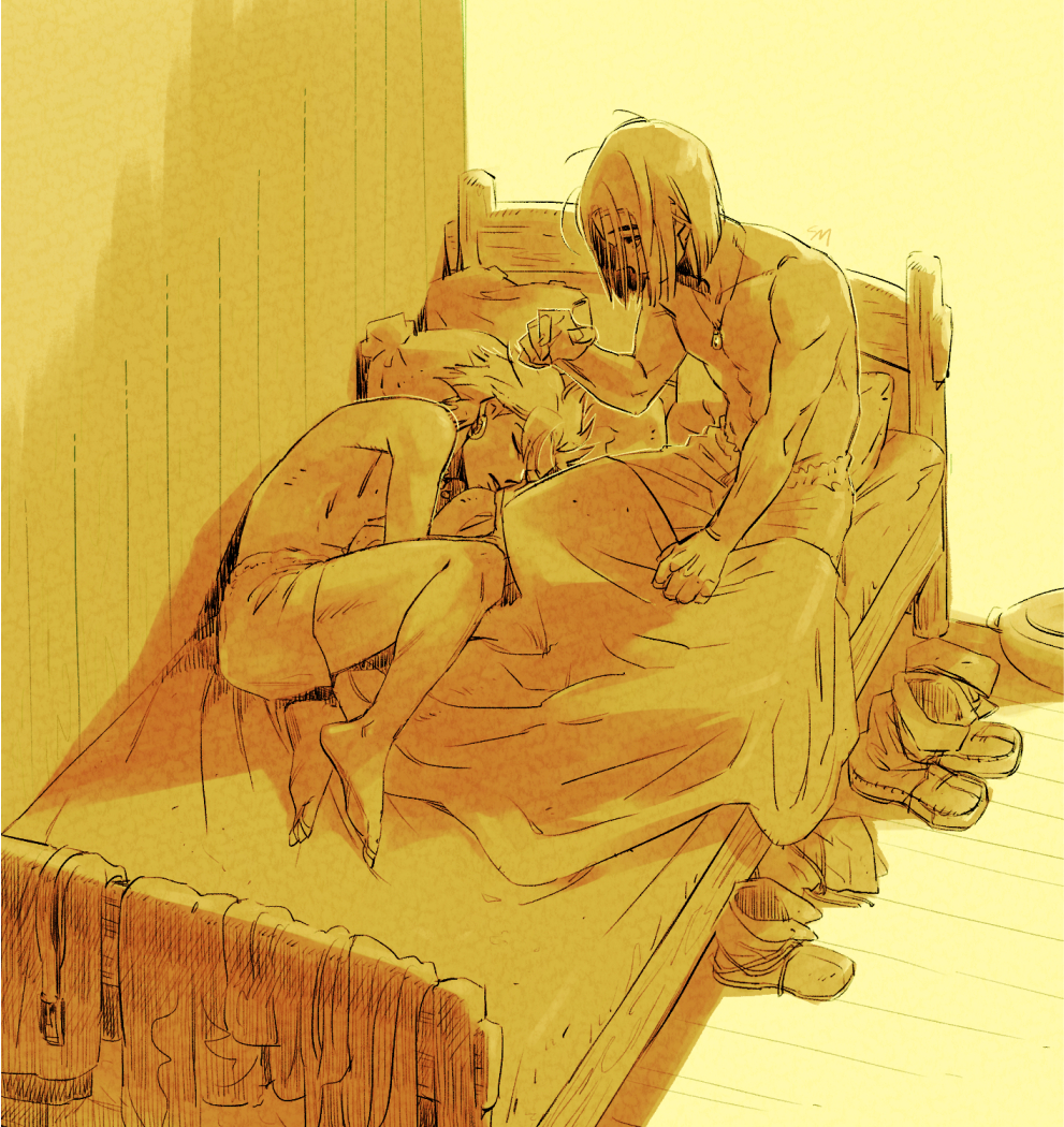 2boys barefoot belt blanket boots briefs camus_(dq11) commentary_request couple dragon_quest dragon_quest_xi earrings from_above hero_(dq11) hoop_earrings jewelry kamei_(yokoshima-ko) limited_palette looking_at_another lying male_underwear multiple_boys necklace on_bed on_side orange_theme parted_hair short_hair sleeping spiked_hair toned toned_male topless_male underwear unworn_belt unworn_boots unworn_clothes yaoi
