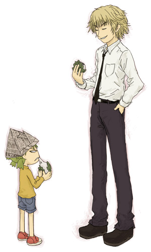 1boy 1girl belt child closed_eyes collared_shirt eating emoncake. food full_body hand_on_own_hip hat koiwai_yotsuba long_sleeves lowres necktie newspaper pants quad_tails shirt shorts simple_background standing white_background white_shirt yanda yotsubato!