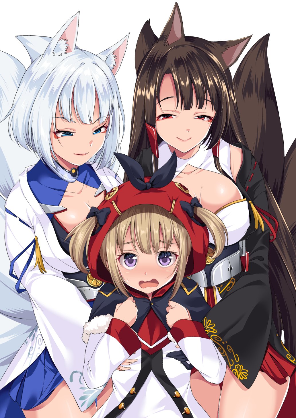 3girls akagi_(azur_lane) animal_ears azur_lane bad_id bad_twitter_id blue_eyes blush breasts cleavage fox_ears fox_tail highres hood kaga_(azur_lane) large_breasts long_hair looking_at_viewer multiple_girls norfolk_(azur_lane) open_mouth purple_eyes red_eyes short_hair simple_background tail white_background