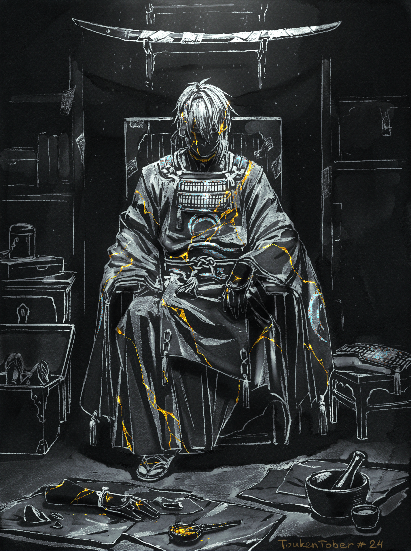 1boy amputee armor box closed_eyes commentary cracked_skin desk double_amputee english_commentary facing_viewer full_body hair_ornament hakama highres indoors inverted_colors japanese_armor japanese_clothes kariginu katana kote long_sleeves maintenance male_focus mikazuki_munechika monochrome mortar_(bowl) ofuda paint paper pestle sandals severed_arm severed_limb shards sheath sheathed short_hair sitting solo spot_color sword tabi throne touken_ranbu unworn_armor vdmaler weapon weapon_rack wide_sleeves yellow_theme zouri