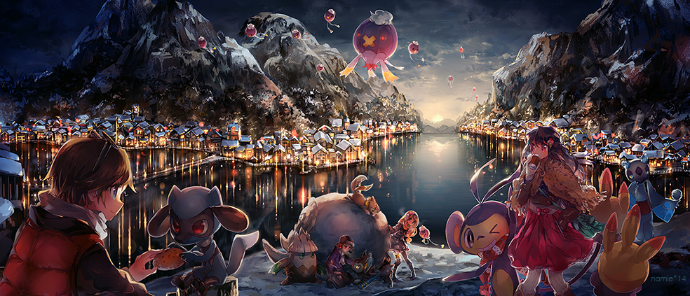 10s 1boy 1girl 2boys 2girls ambipom black_hair black_thighhighs blonde_hair blue_eyes blush brow brown_hair buizel calem_(pokemon) city dress drifblim drifloon drinking evening festival food froslass gen_4_pokemon hair_ornament hat house jacket knees lake legs long_hair lucas_(pokemon) luxio luxray mountain multiple_boys multiple_girls namie-kun night night_sky nintendo no_headwear one_eye_closed pleated_skirt pokemon pokemon_(creature) pokemon_xy porkpie_hat riolu scarf scenery serena_(pokemon) shirt short_hair skirt sky sleeveless sleeveless_shirt smile snover snow socks sunrise thighhighs vest water wink